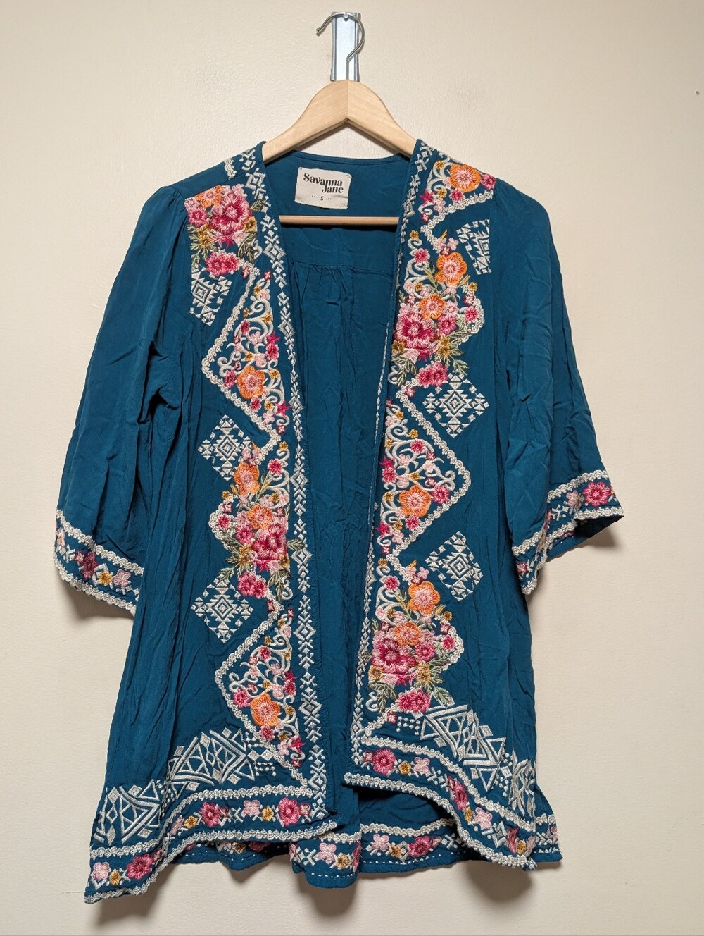 Savanna Jane Teal Embroidered open Kimono Cardigan Small Boho Floral Rayon